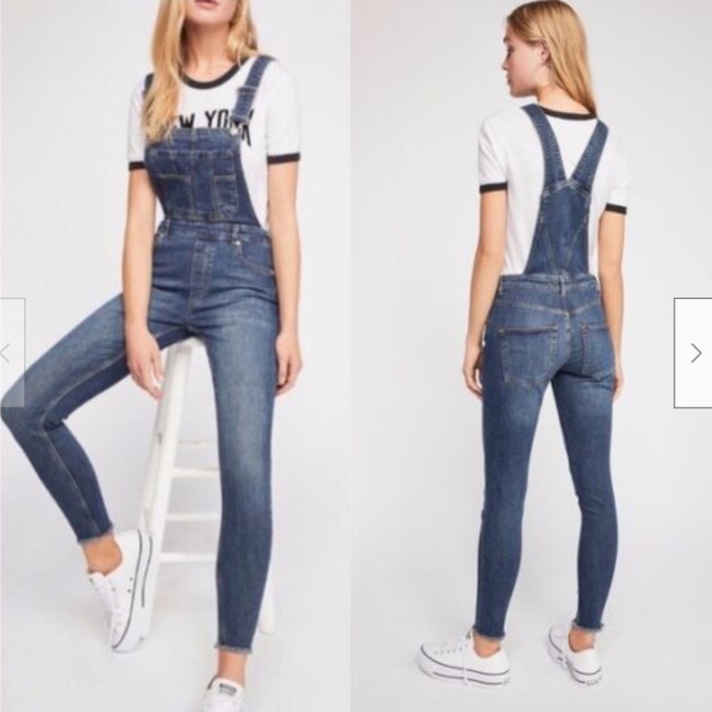 Free People Blue Denim Overalls Super Skinny Womens Size 24